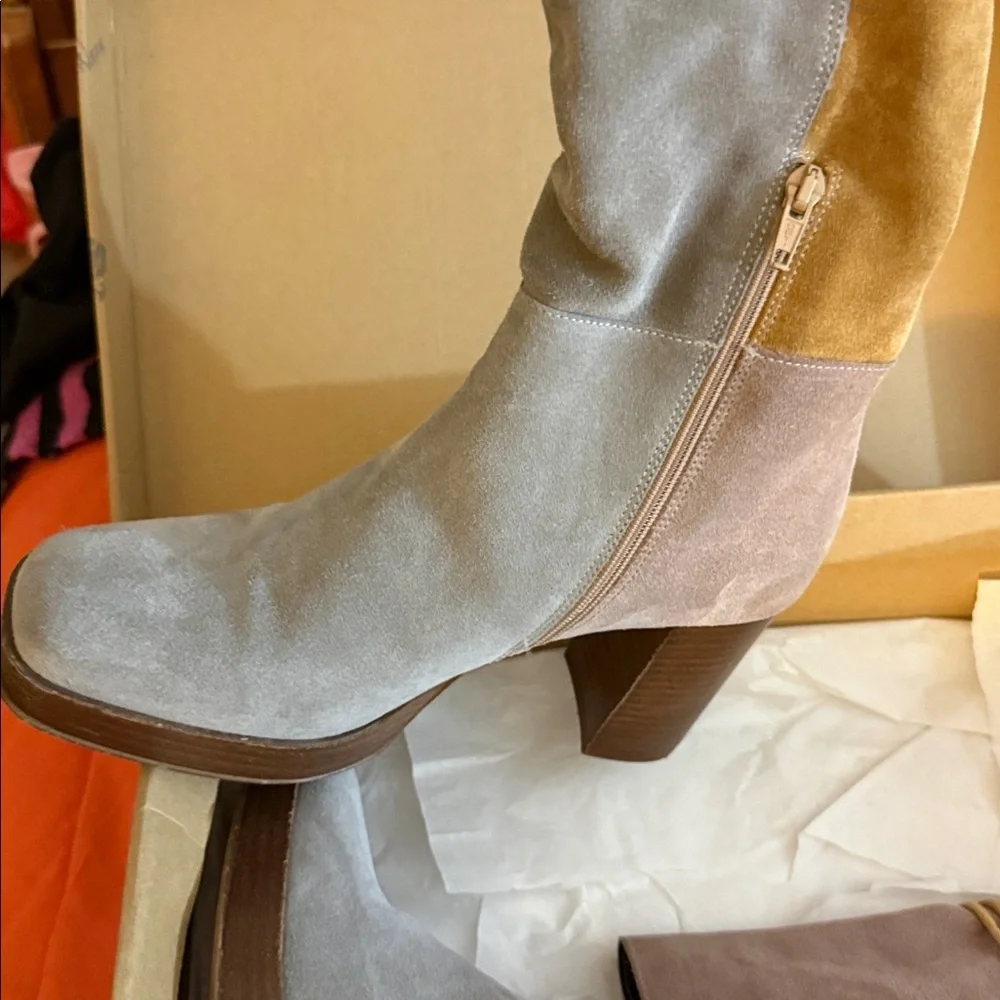 PRE-OWNED  FREE PEOPLE ECHO PLATFORM COLOR-BLOCK CHUCKY KNEE HIGH PLATFORM BOOTS